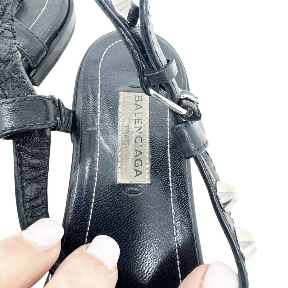 Balenciaga Paris Moto Stud Ankle T Strap thong Sandals Black Leather 36.5 6.5 - Picture 10 of 13